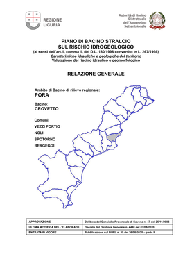 Piano Di Bacino Stralcio Sul Rischio Idrogeologico Relazione Generale Pora Regione Liguria