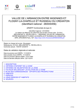 VALLEE DE L'armancon ENTRE MIGENNES ET FLOGNY-LA-CHAPELLE ET RUISSEAU DU CREANTON (Identifiant National : 260030456)