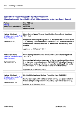 Area 1 Planning Committee Part 1 Public 25 March 2010 DECISIONS ISSUED SUBSEQUENT to PREVIOUS LIST 'D' All Applications with Th