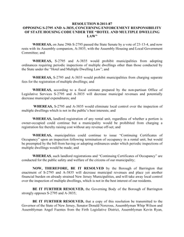 8-2011-87 Opposing S-2795 and A-3835, Concerning Enforcement Responsibility of State Housing Code Under the “Hotel and Multiple Dwelling Law”