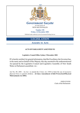 Government Gazette of the STATE of NEW SOUTH WALES Number 190 Friday, 14 December 2001 Published Under Authority by the Government Printing Service