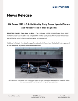 J.D. Power 2020 U.S. Initial Quality Study Ranks Hyundai Tucson and Veloster Tops in Their Segments