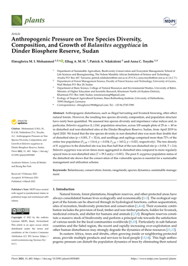 Anthropogenic Pressure on Tree Species Diversity, Composition, and Growth of Balanites Aegyptiaca in Dinder Biosphere Reserve, Sudan