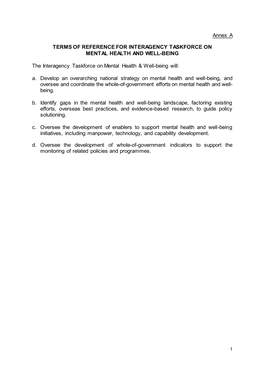 Annex a TERMS of REFERENCE for INTERAGENCY TASKFORCE on MENTAL HEALTH and WELL-BEING the Interagency Taskforce on Mental Health