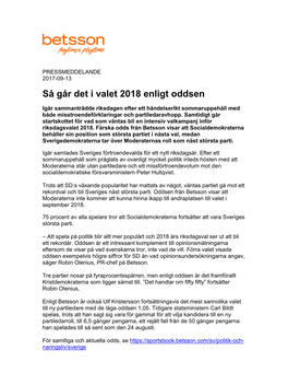 Så Går Det I Valet 2018 Enligt Oddsen