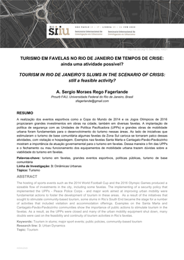 TURISMO EM FAVELAS NO RIO DE JANEIRO EM TEMPOS DE CRISE: Ainda Uma Atividade Possível?