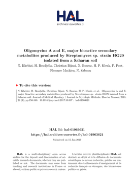 Oligomycins a and E, Major Bioactive Secondary Metabolites Produced by Streptomyces Sp