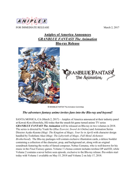 Aniplex of America Announces GRANBLUE FANTASY the Animation Blu-Ray Release