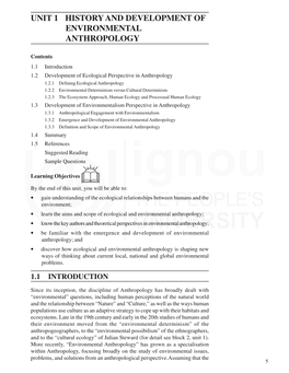 UNIT 1 HISTORY and DEVELOPMENT of Environmental ENVIRONMENTAL Anthropology ANTHROPOLOGY