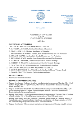 Wednesday, May 16, 2018 1:30 Pm State Capitol, Room 113 Agenda Governor’S Appointee(S) 1