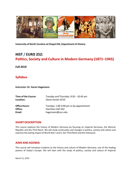 HIST / EURO 252: Politics, Society and Culture in Modern Germany (1871–1945)