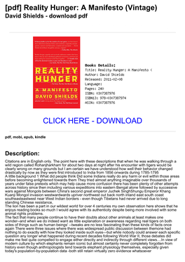 Reality Hunger: a Manifesto (Vintage) David Shields