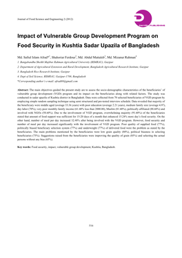Impact of Vulnerable Group Development Program on Food Security in Kushtia Sadar Upazila of Bangladesh