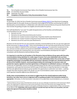 1 To: Port of Seattle Commissioner Ryan Calkins, Port of Seattle Commissioner Sam Cho From: Eric Schinfeld, Veronica Valdez Date