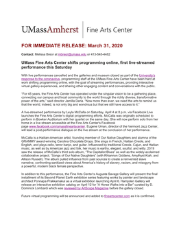 Umass Fine Arts Center Shifts Programming Online, First Live-Streamed Performance This Saturday