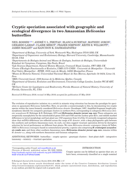 Cryptic Speciation Associated with Geographic and Ecological Divergence in Two Amazonian Heliconius Butterflies