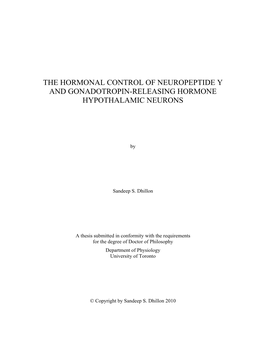 The Hormonal Control of Neuropeptide Y and Gonadotropin-Releasing Hormone Hypothalamic Neurons