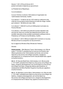 Décret N° 2011-276 Du 24 Février 2011 Portant Nomination D'adjoints Aux Gouverneurs Le Président De La République, Vu La