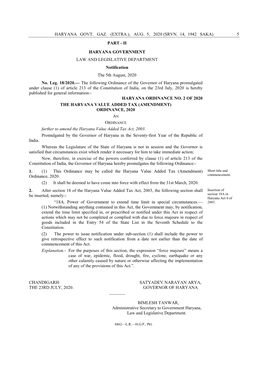 (AMENDMENT) ORDINANCE, 2020 an ORDINANCE Further to Amend the Haryana Value Added Tax Act, 2003