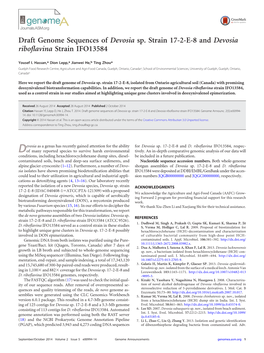 Draft Genome Sequences of Devosia Sp. Strain 17-2-E-8 and Devosia Riboﬂavina Strain IFO13584