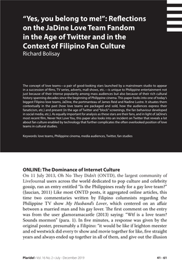 “Yes, You Belong to Me!”: Reflections on the Jadine Love Team Fandom in the Age of Twitter and in the Context of Filipino Fan Culture Richard Bolisay