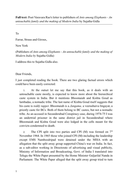 Full Text: Poet Varavara Rao's Letter to Publishers of Ants Among Elephants - an Untouchable Family and the Making of Modern India by Sujatha Gidla