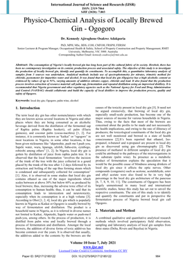 Physico-Chemical Analysis of Locally Brewed Gin - Ogogoro