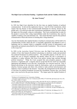 The High Court on Election Funding – Legitimate Ends and the Validity of Reforms