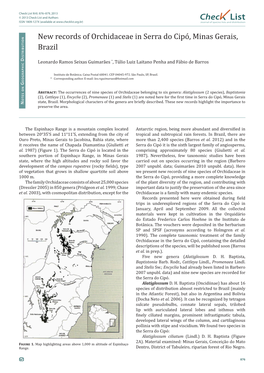 New Records of Orchidaceae in Serra Do Cipó, Minas Gerais, Brazil Istributio * D Leonardo Ramos Seixas Guimarães , Túlio Luiz Laitano Penha and Fábio De Barros