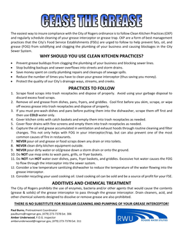 Clean Kitchen Practices (CKP) and Regularly Schedule Cleaning of Your Grease Interceptor Or Grease Trap