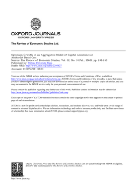 Optimum Growth in an Aggregative Model of Capital Accumulation Author(S): David Cass Source: the Review of Economic Studies, Vol