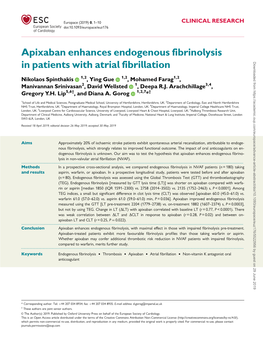 Apixaban Enhances Endogenous Fibrinolysis in Patients with Atrial