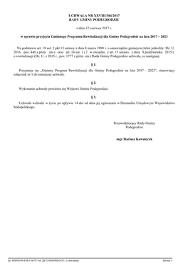Gminny Program Rewitalizacji Dla Gminy Podegrodzie Na Lata 2017 – 2023”, Stanowiący Załącznik Nr 1 Do Niniejszej Uchwały