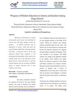 "Progress of Modern Education in Jammu and Kashmir During Dogra Period” Arshad Ahmad Bandh & Dr