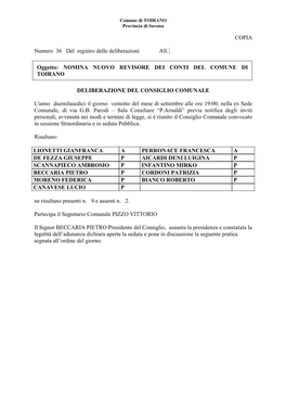 Nomina Nuovo Revisore Dei Conti Del Comune Di Toirano