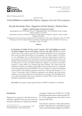 Viral Inhibitors to Control the Papaya Ringspot Virus on Carica Papaya