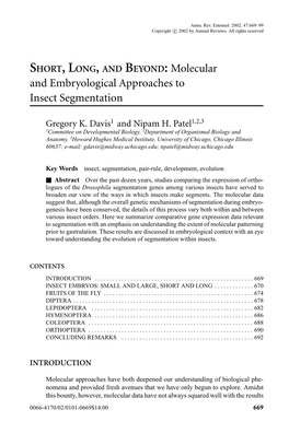 Molecular and Embryological Approaches to Insect Segmentation