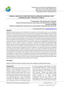 Chemical Variation of Spilanthes Species (Asteraceae) a Medicinal Herb in Peninsular India - Revealed by Gcms-Ms