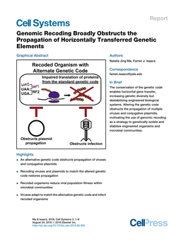 Genomic Recoding Broadly Obstructs the Propagation of Horizontally Transferred Genetic Elements