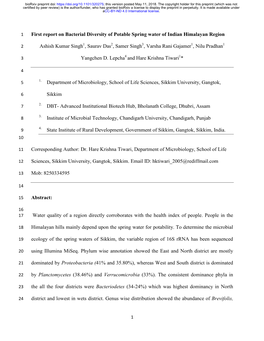 First Report on Bacterial Diversity of Potable Spring Water of Indian Himalayan Region