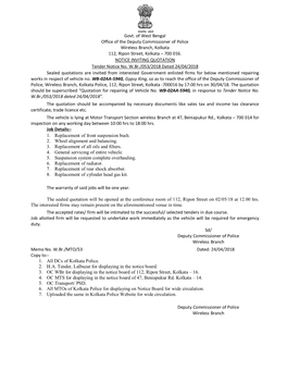 Govt. of West Bengal Office of the Deputy Commissioner of Police Wireless Branch, Kolkata 112, Ripon Street, Kolkata – 700 016