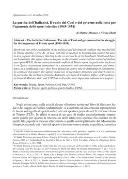 La Partita Dell'italianità. Il Ruolo Del Coni E Del Governo Nella Lotta Per L