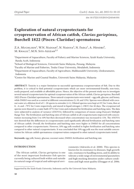 Exploration of Natural Cryoprotectants for Cryopreservation of African Catfish, Clarias Gariepinus, Burchell 1822 (Pisces: Clariidae) Spermatozoa