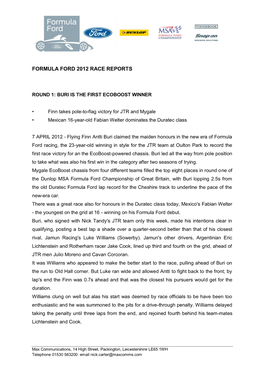 Formula Ford 2012 Race Reports