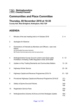 Communities and Place Committee Thursday, 08 November 2018 at 10:30 County Hall, West Bridgford, Nottingham, NG2 7QP
