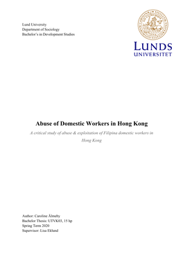 Abuse of Domestic Workers in Hong Kong a Critical Study of Abuse & Exploitation of Filipina Domestic Workers in Hong Kong