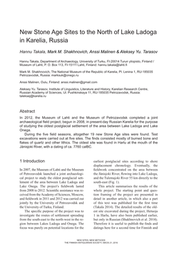 New Stone Age Sites to the North of Lake Ladoga in Karelia, Russia