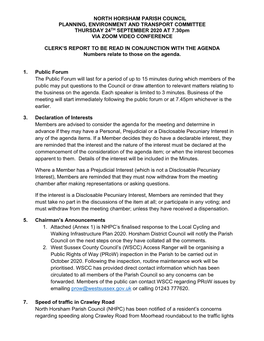 NORTH HORSHAM PARISH COUNCIL PLANNING, ENVIRONMENT and TRANSPORT COMMITTEE THURSDAY 24TH SEPTEMBER 2020 at 7.30Pm VIA ZOOM VIDEO CONFERENCE