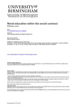 University of Birmingham Moral Education Within the Social Contract