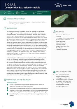 BIO LAB: TEACHER Competitive Exclusion Principle